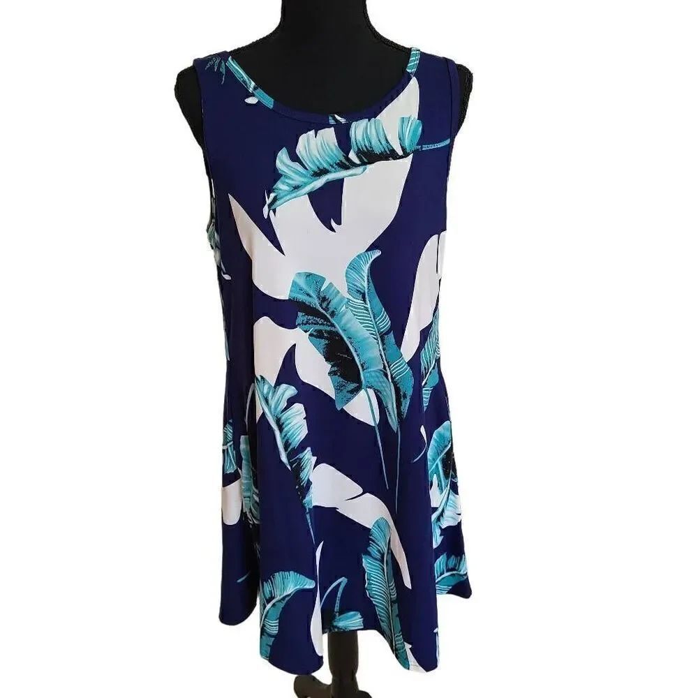 Womens Summer Mini Dress Sleeveless Palm Print Scoop Neck Blue White Medium